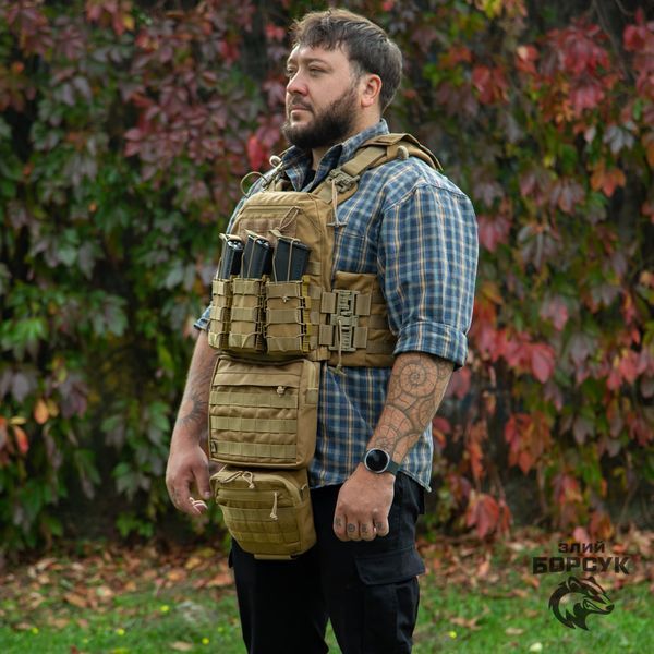 Плитоноска модель №6 "STALKER" (койот) + захист живота + напашник + 3 підсумки пластикові id_1922 фото