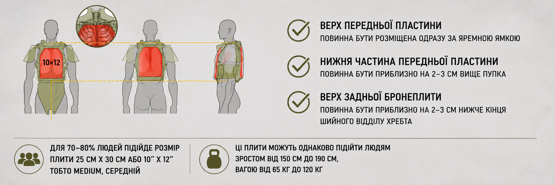 Схема правильного розташування бронеплит у плитоносці: висота передньої та задньої плити, рекомендований розмір плит і зони захисту життєво важливих органів.