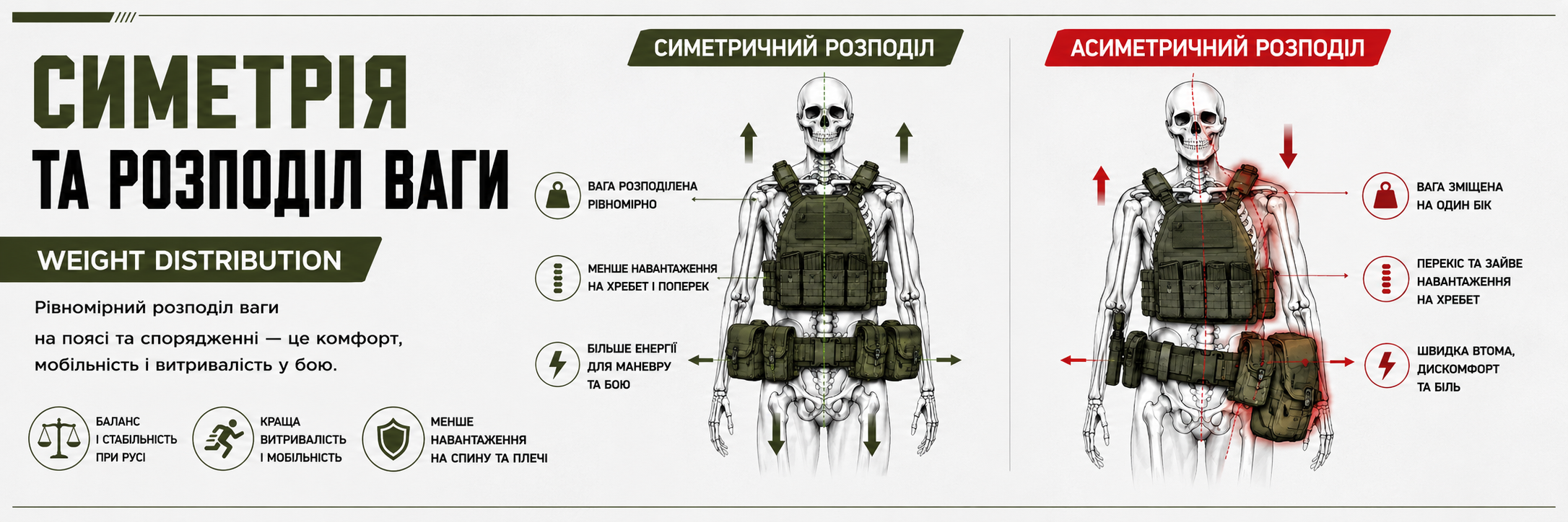 Інфографіка про симетричний та асиметричний розподіл ваги на РПС (warbelt)